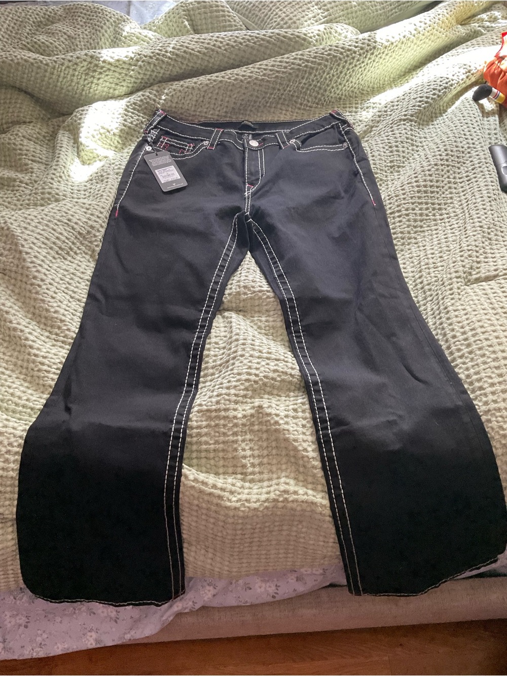True Religion Black Flare Jeans with White Contrast Stitching